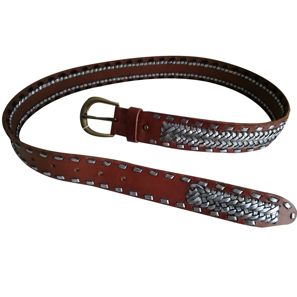 Maje- Brown & Silver Leather Belt with Brass Buckle.